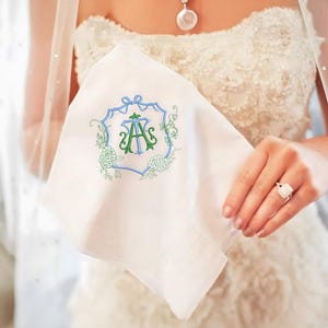 Custom Embroidered Wedding Handkerchief, Embroidered Monogram Crest Bridal Hankie, Something Blue Handkerchief, Monogrammed Wedding Gift