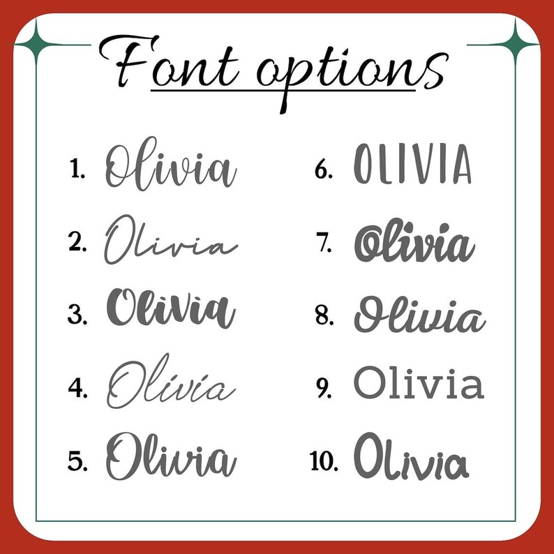 May include: A list of 10 different font options for the name Olivia. The fonts range from simple to more decorative.