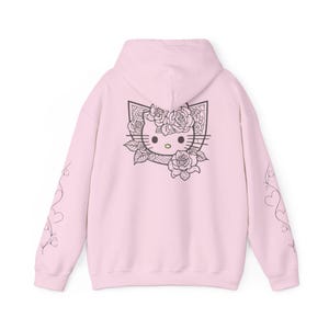 Moletom com capuz Hello Kitty com contorno floral | Estampa fofa de rosto de gatinho nas costas imagem 10