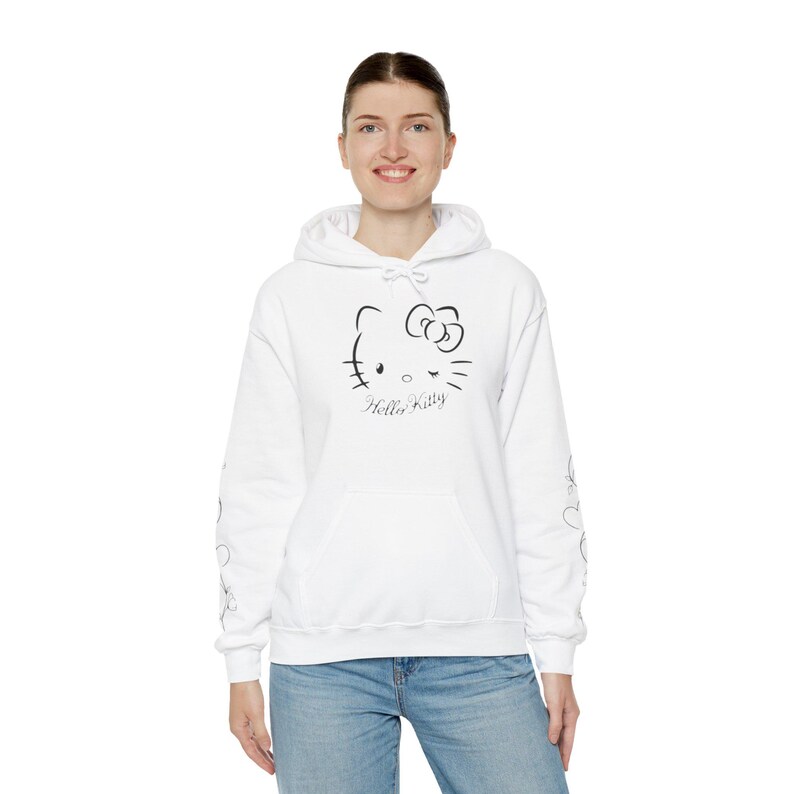 Moletom com capuz Hello Kitty com contorno floral | Estampa fofa de rosto de gatinho nas costas imagem 13