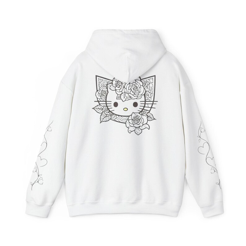 Moletom com capuz Hello Kitty com contorno floral | Estampa fofa de rosto de gatinho nas costas imagem 2