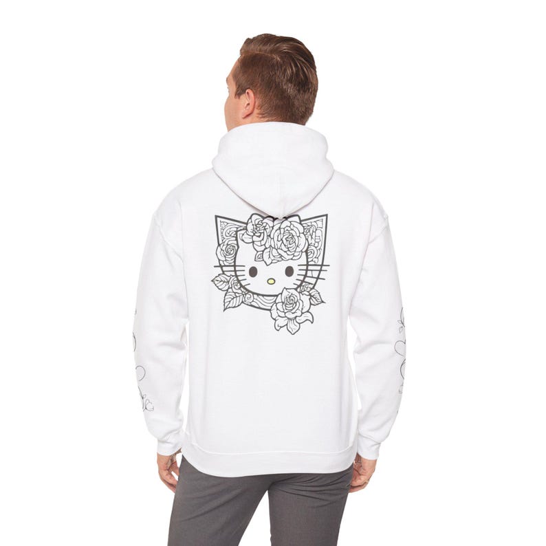 Moletom com capuz Hello Kitty com contorno floral | Estampa fofa de rosto de gatinho nas costas imagem 14