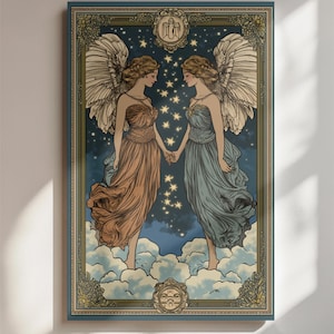 Sztuka zodiaku Bliźnięta Astrologia Ilustracja Vintage Znak zodiaku Wydruk cyfrowy Niebiański wystrój Bliźniąt Horoskop Sztuka ścienna Mistyczna sztuka astrologii