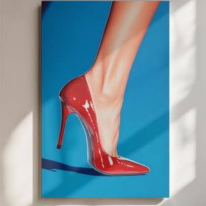 Red High Heel Pop Art Style Bold Shoe Illustration Glamorous Fashion Artwork Unique Wall Decor Retro Shoe Poster Fashion Statement Vibrant