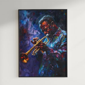 Musicista jazz tromba Arte Illustrazione musicale vibrante Arte moderna Stampa digitale Decorazione murale musicista colorato Ritratto musicale Arredamento Jazz Club