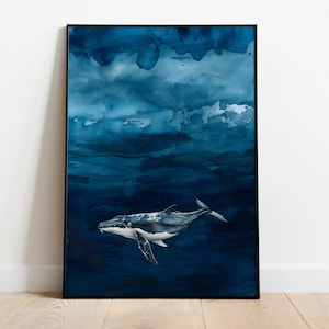 Serene Whale Ocean Art Blue Sea Whale Illustration Marine Life Digital Art Underwater Scene Whale Wall Art Nautical Home Decor