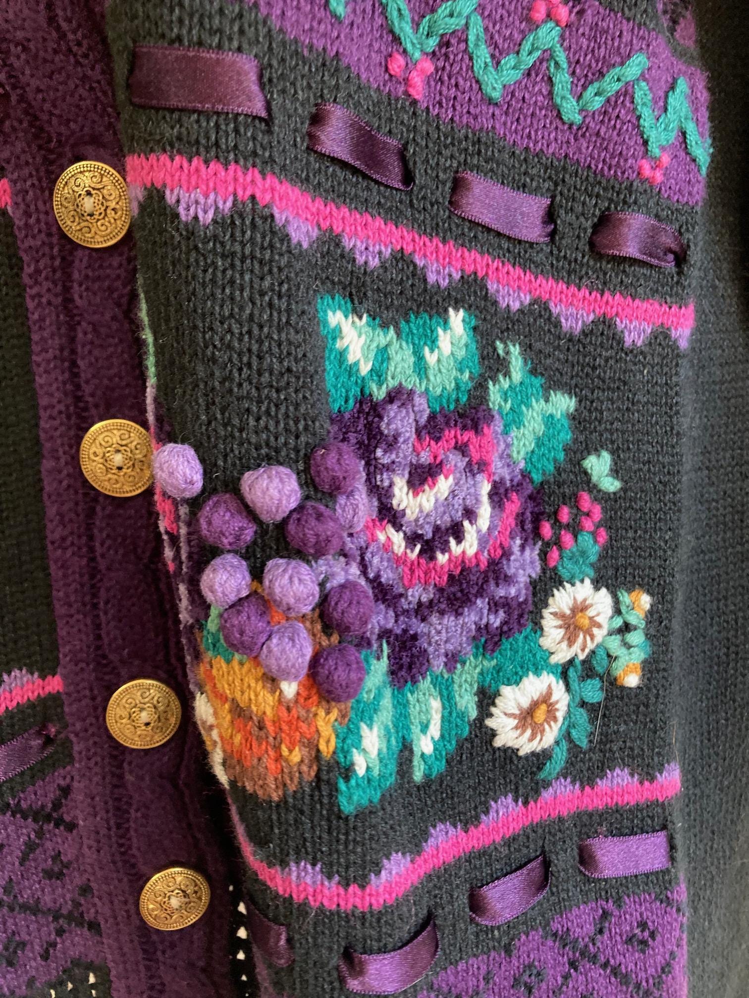 Vintage 80s Folkwear Cardigan, Embroidered Grapes and Roses, L