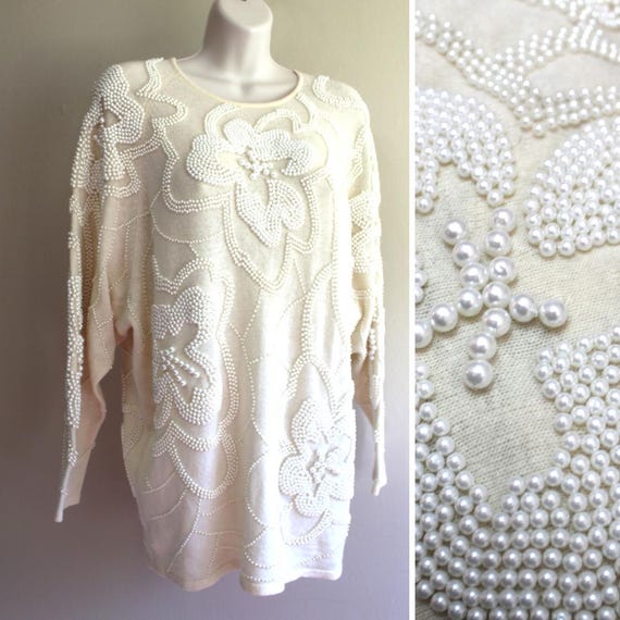 Vintage Nancy Johnson Lambswool Sweater: Beaded Floral Knit, 1990s Glam (S/M)