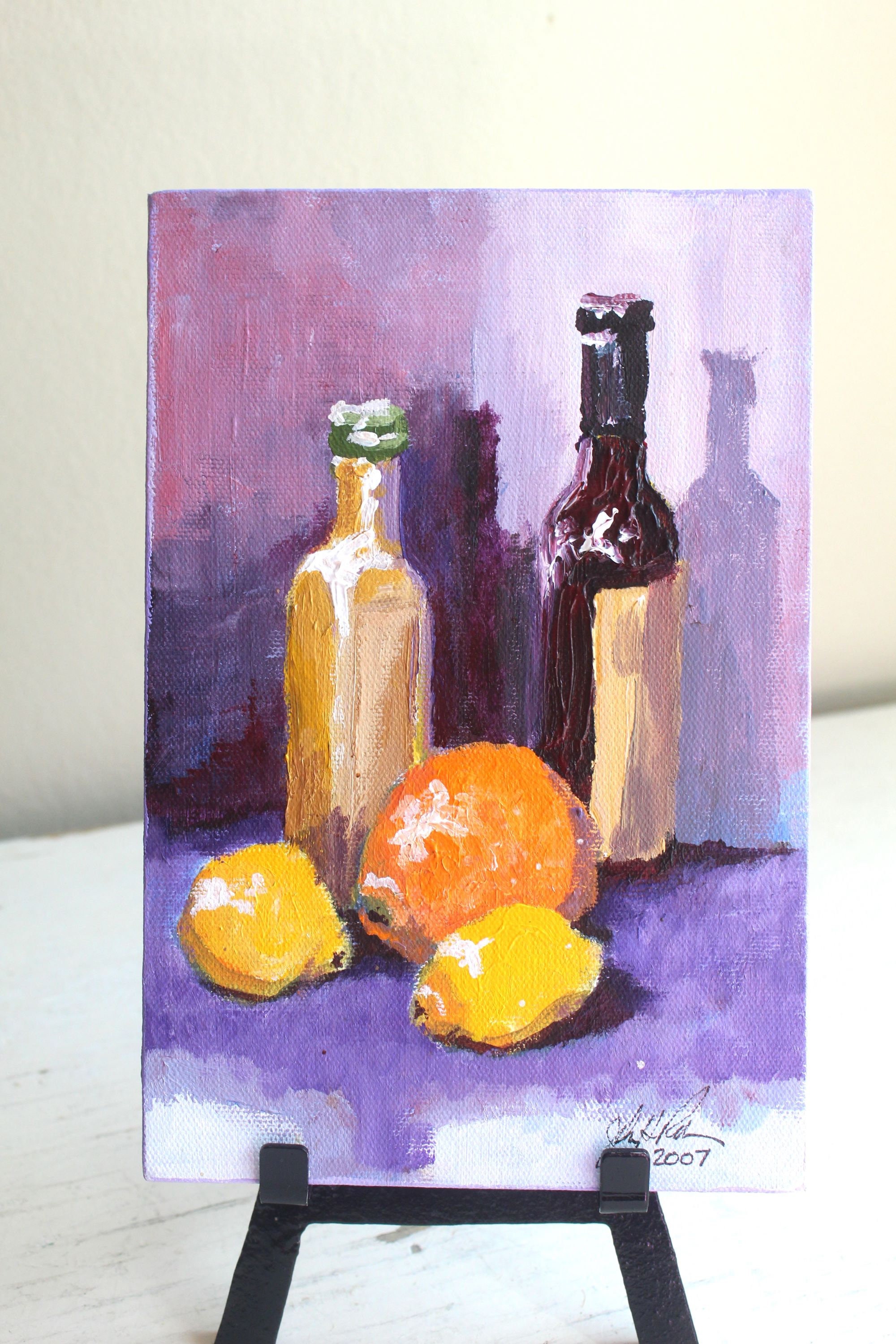 Mini Still Life Painting Wine & Citrus 6x9 Acrylic Signed Purple