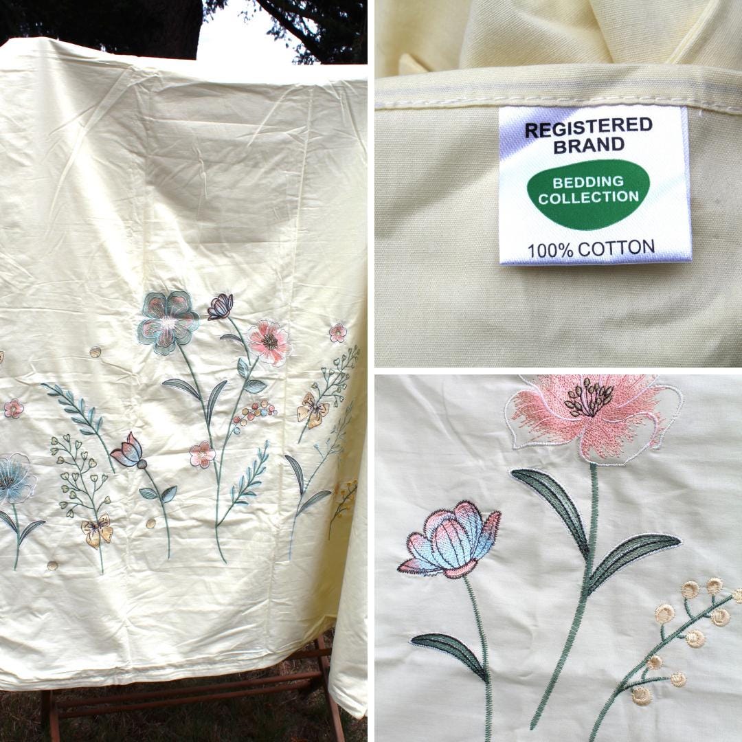 Embroidered Bedding : 100% Cotton Queen Duvet Cover + 2 Pillowcases Meadow Flowers on Pale Yellow