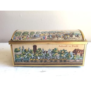 Reproduction Biedermeier : E Otto Schmidt Tin Lid Lebkuchen Bisquit Box Casket 1840s Railway Graphics Vintage 1970s