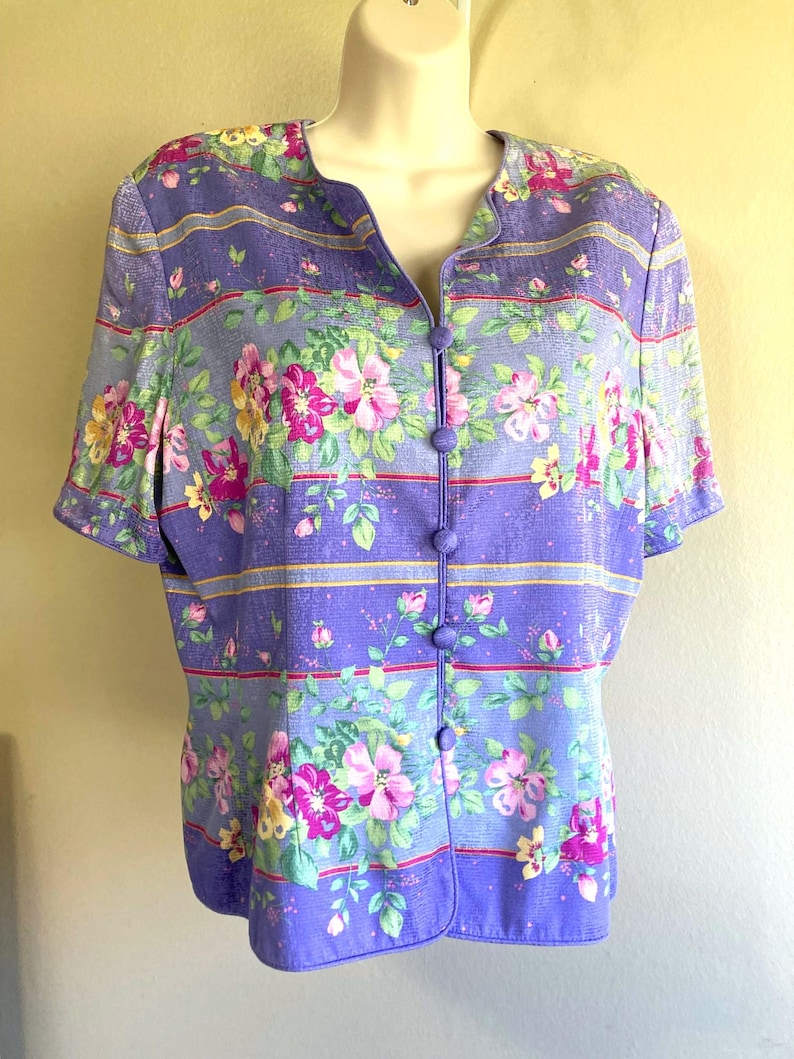 Silk Shirt : Adrianna Papell Fitted Jacquard Floral VTG, size L image 1