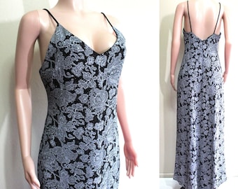 Lace Print Goth Slip Dress : Arianna Womens size 12 L Silver Black Maxi Gown Stretch Knit Low Back Vintage 1990s