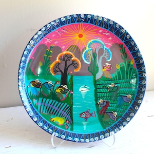 Charming Folk Decor : 12.5 dia Mexico Ceramic Hand Painted Pottery Wall Art Plate Farming River Scene