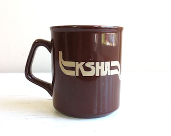 Vintage 1970s Typography Kansas Speech Hearing Association Coffee Tea Chocolate Ceramic Mug Brown Tan Silkscreened