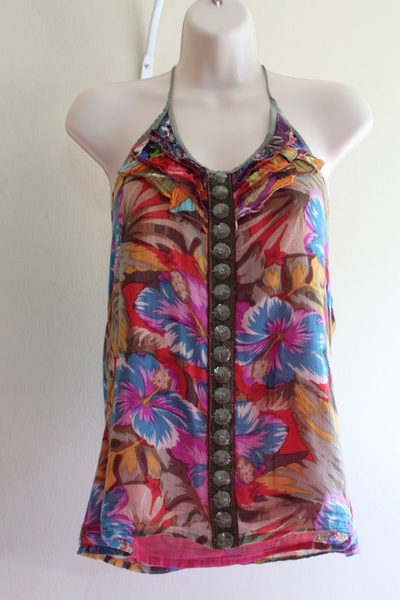 Womens size S Sleeveless Cotton Tropical Floral B… - image 3