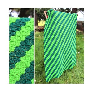 Sofa Snuggle Blanket : Vintage 1960s 1970s Knit Acrylic 43 X 60 Hand Crochet Throw Afghan Diagonal Green Stripe