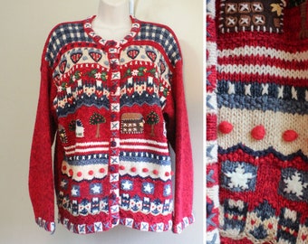 Womens size L Shaver Lake Cotton Ramie Cardigan Sweater Button Up Americana Country Applique Embroidery