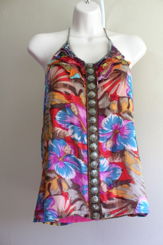 Womens size S Sleeveless Cotton Tropical Floral B… - image 4