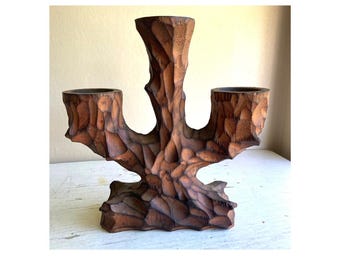 Candelabro vintage de los años 60, soporte para velas de madera de estilo brutalista y robusto