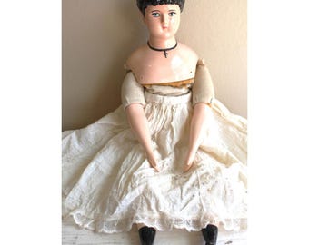 1870s Style Porcelain China Head Cloth Body Doll Hand Painted Black Hair with Button Arms