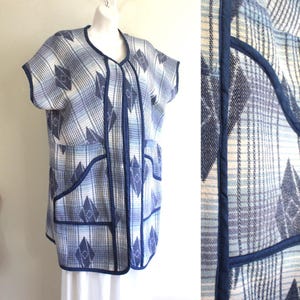 Antique Upcycling : Womens size L Handmade Cotton Vintage 1920s Robe Made into Open Vest Blue Pockets