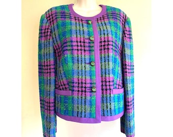 Vintage 80s Louis Feraud Boxy Boucle Jacket, Jewel Tone Plaid, size Large