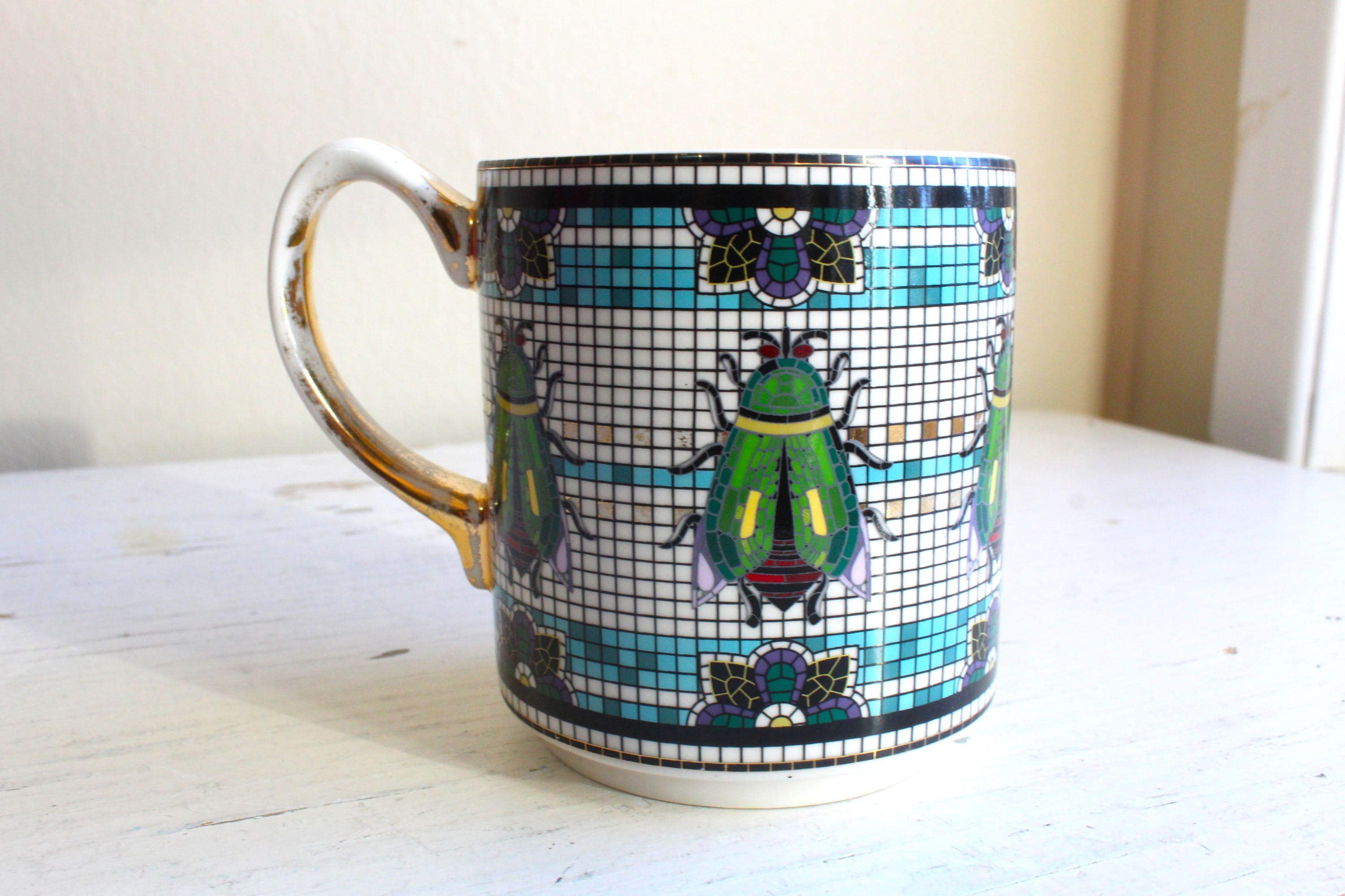 Insect Lover Gift : Anthropologie Garden Tile Mug Beetle Mosaic