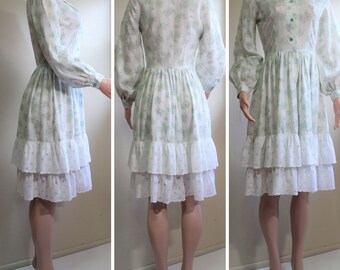 Vintage 1970s Dolly Dress : Handsewn Shirtwaist Womens size XS S Cottage Floral Sheer Neo Regency Ruffled
