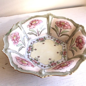Czech Art Nouveau Low Hexagonal Blossom Serving Bowl Edwardian Floral Gilt : Chipped