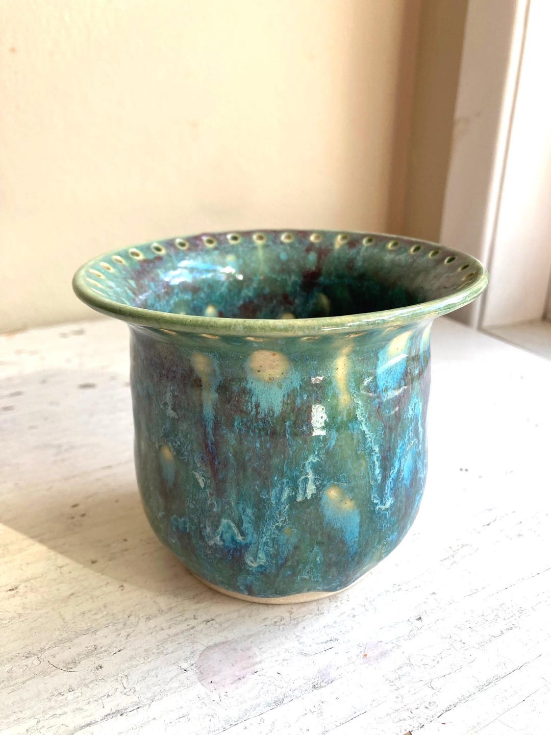 Studio Pottery Vase Wheel Thrown Pot, Green W Blue Plum Float - Etsy