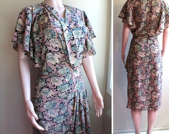 Vintage 70s Floral Rayon Dress 40s Style, S Flutter Sleeve Black Pastel by Cassidy