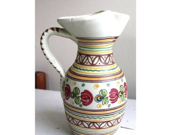 ヴィンテージISACUスペイン陶器ピッチャー：手描きのフォークアート