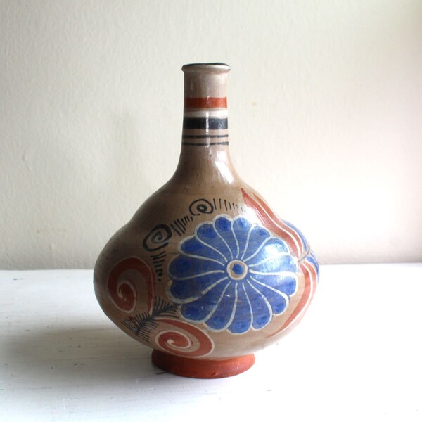 Made in Mexico Vintage 1970s Ceramic Tonala Wheel Thrown Pottery Terracotta Bottle Hand Painted Floral Khaki Blue Rust