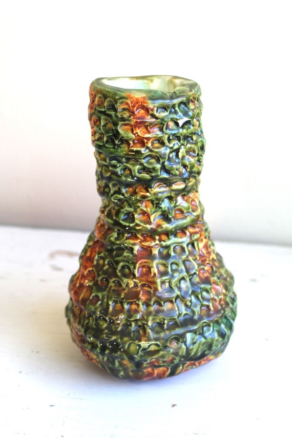 ヴィンテージハンドメイドアート陶器花瓶：オリーブグリーン＆オレンジ