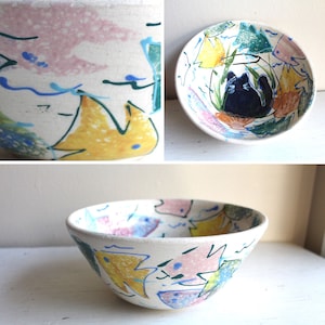 Vaso de cerâmica artesanal Wabi Sabi Student Art Naif pintado com esponja e peixe para gatos, argila branca, 10 cm