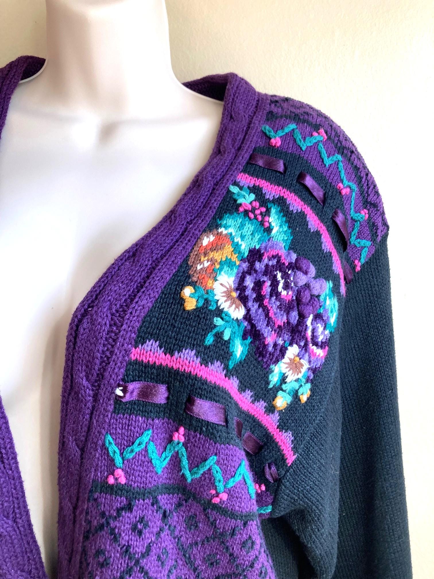 Vintage 80s Folkwear Cardigan, Embroidered Grapes and Roses, L