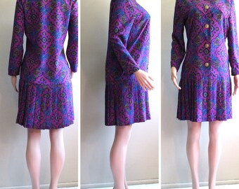 Retro 60s Leslie Fay Mini Dress: Vintage 80s Psychedelic Print Pleated Skirt