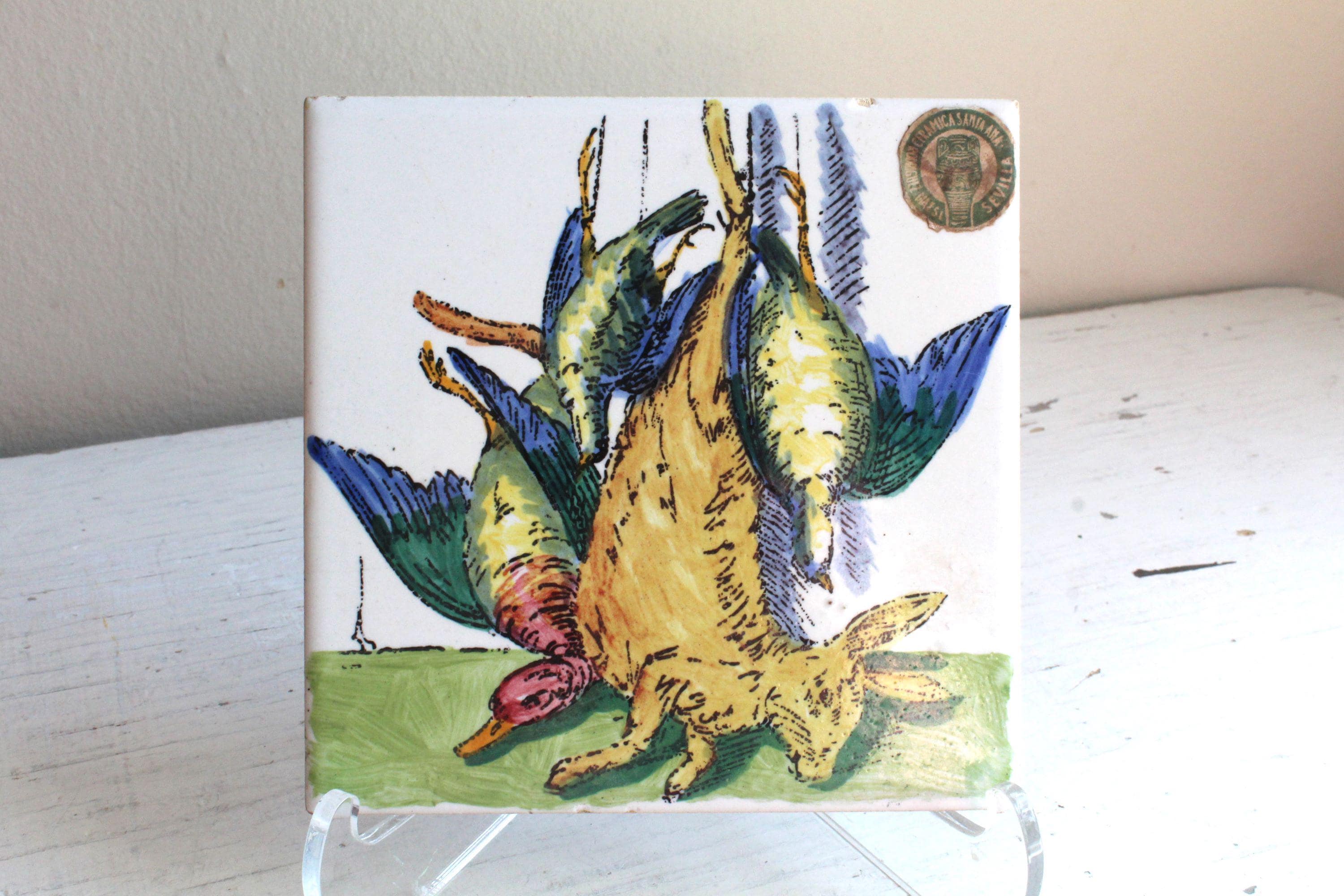 Mediterranean Kitchen : 6" Ceramica Santa Ana Pottery Tile Trivet Hunting Harvest Seville Spain Vintage 1950s