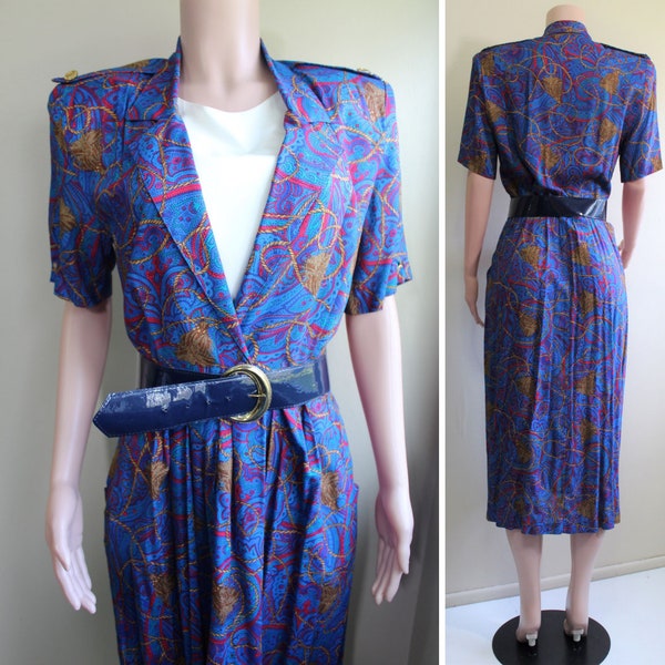 RJ Stevens Womens size 12 L Blue Paisley Secretary Day Dress Belted Pockets Vintage 1980s does 40s