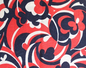 Sold by the Half Yard :  Vintage 1970s Swirly Nylon Fabric Lightweight Red Navy Blue White