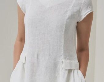 White Linen Midi Dress: Baltic Lagenlook Style, Size L