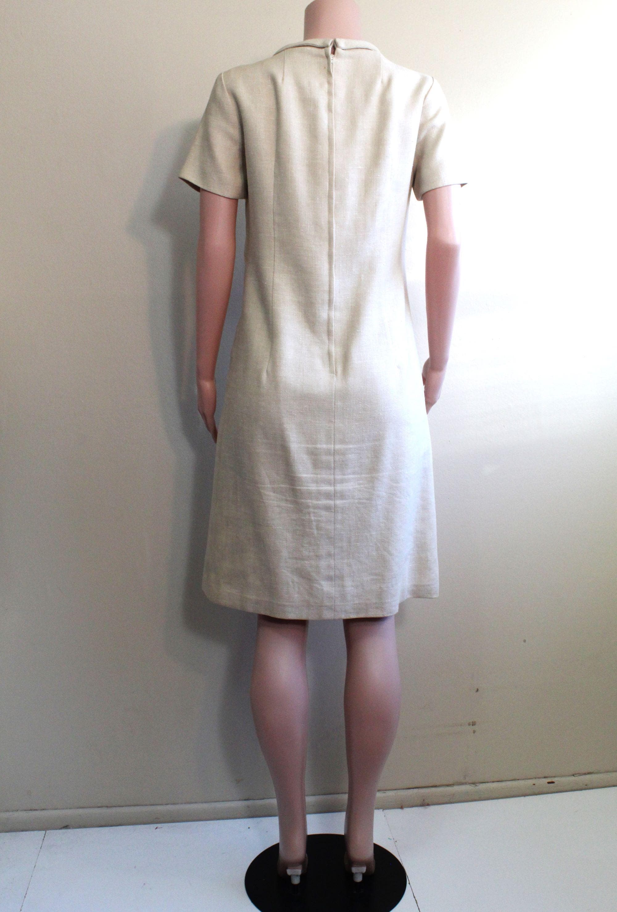 Vintage 60s Moygashel Linen Day Dress: Beige A-Line Shift, size M Vintage 60s Moygashel Linen Day Dress: Beige A-Line Shift, size M