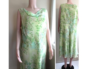 Pale Green Floral Midi Dress: Vintage 90s Bias Cut Plus Size 1X 2X