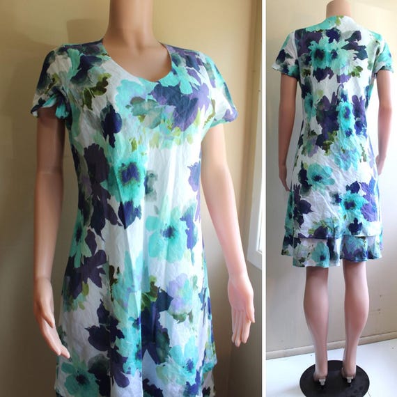 Coldwater Creek Linen Watercolor Floral Bias Cut Dress: Women's Petite M Coldwater Creek Linen Watercolor Floral Bias Cut Dress: Women's Petite M