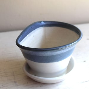 Blue White Wheel Thrown Pottery Planter Succulent Plant Bowl w Under Dish and Drainage Hole