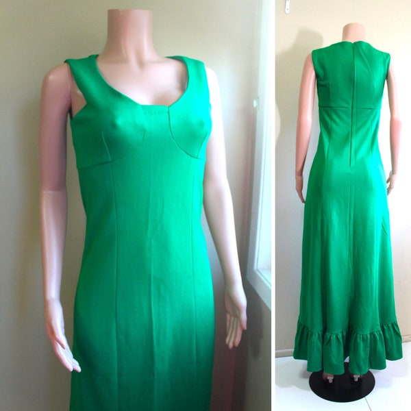 Womens size S M Vintage 1970s Green Hand Made Stretch Knit Polyester Maxi Dress Sleeveless Zip Back