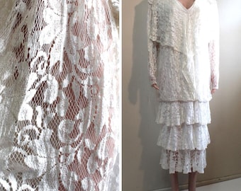 Vintage 1980s Lace Dress: Cream Retro 1920s Style, Size XL/1X