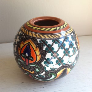 Round Made in Mexico Puebla Style Hand Painted Vase White Clay Traditional Folk Art Pot
