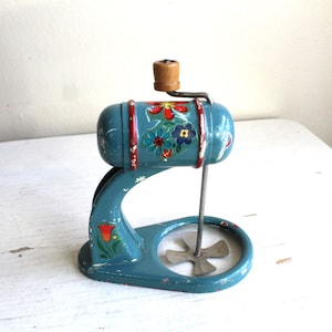 Vintage 1950s Miniature 6 in American Doll Sized Metal Hand Cranked Stand Blender with Floral Decal